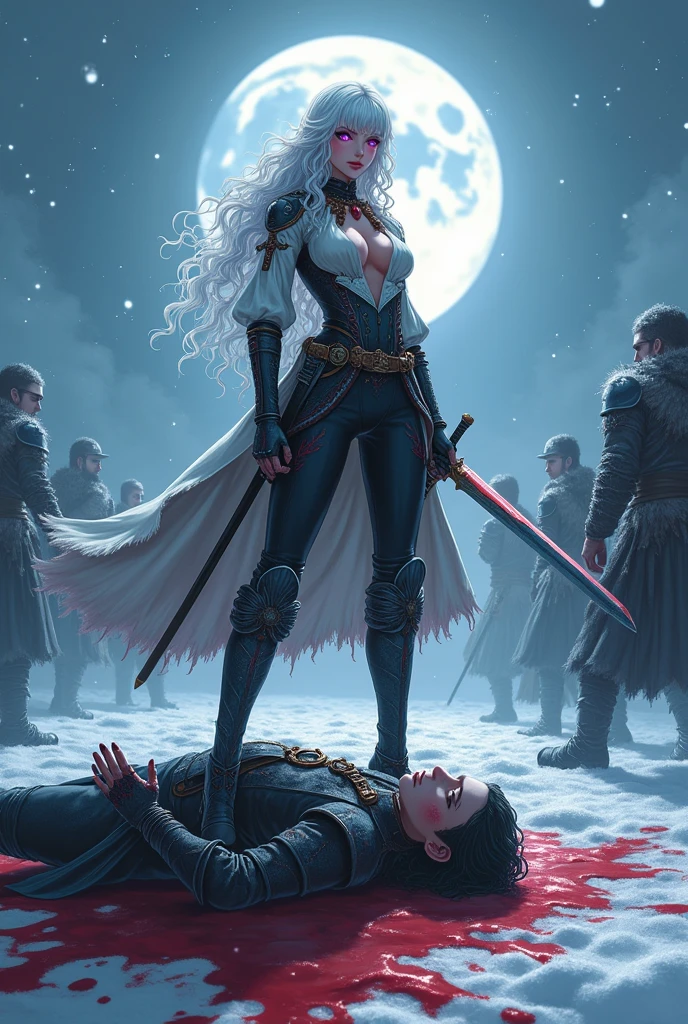 In a 8k ultra HD 90s anime style aesthetic, with a snowy night war background, create a full body image of a gorgeous woman standing, one foot planted in the snow, ther foot on a deceased man's chest, with long extra curly white hair and long bangs at the sides of his face, light freckles, sharp features and slanted half-closed glowing light purple eyes wearing a really fancy steampunk suit with straps, her chest area is open, neck-line shown, long black gloves, a frilled neck tie, black pants with black animal furs caping the back and side of his legs and knee-high strapped boots. sHe is holding a longsword, she is currently fighting other men in black armor, holding his sword towards them, other men fighting around her, with red snow at his feet/ boots. He has blood on his clothes. sHe has a long bloody scar going across his cheeks and nose.