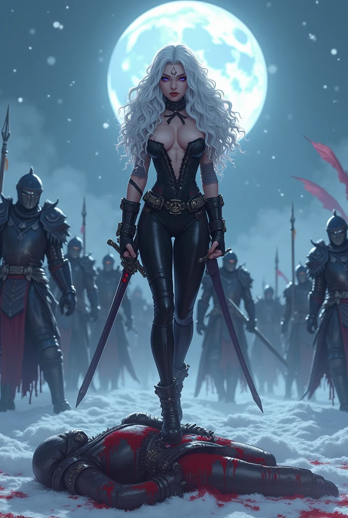 In a 8k ultra HD 90s anime style aesthetic, with a snowy night war background, create a full body image of a gorgeous woman standing, one foot planted in the snow, another foot on a deceased man's chest, with long extra curly white hair and long bangs at the sides of his face, light freckles, sharp features and slanted half-closed glowing light purple eyes wearing a really fancy steampunk suit with straps, her chest area is open, neck-line shown, long black gloves, a frilled neck tie, black pants with black animal furs caping the back and side of his legs and knee-high strapped boots. sHe is holding a longsword, she is currently fighting other men in black armor, holding his sword towards them, other men fighting around her, with red snow at his feet/ boots. He has blood on his clothes. sHe has a long bloody scar going across his cheeks and nose.