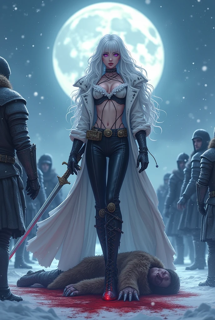 In a 8k ultra HD 90s anime style aesthetic, with a snowy night war background, create a full body image of a gorgeous woman standing, one foot planted in the snow, another foot on a deceased man's chest, with long extra curly white hair and long bangs at the sides of his face, light freckles, sharp features and slanted half-closed glowing light purple eyes wearing a really fancy steampunk suit with straps, her chest area is open, neck-line shown, long black gloves, a frilled neck tie, black pants with black animal furs caping the back and side of his legs and knee-high strapped boots. sHe is holding a longsword, she is currently fighting other men in black armor, holding his sword towards them, other men fighting around her, with red snow at his feet/ boots. He has blood on his clothes. sHe has a long bloody scar going across his cheeks and nose.