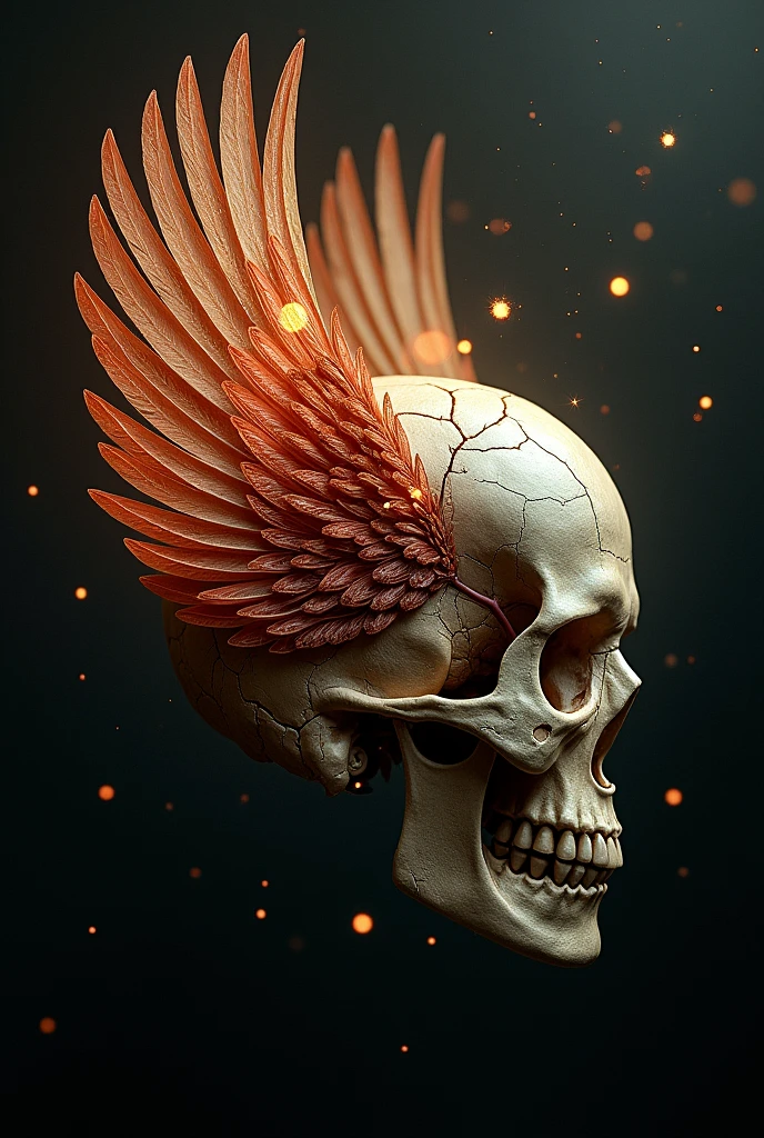 Human skull with diagonal wing with rays