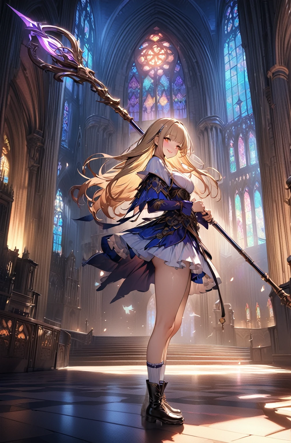 (Official art、Best Quality、Unity 8k Wallpapers、32K、masterpiece、ultra-detailliert、超A high resolution、realisitic、Photorealsitic:1.2)、(Cinematic lighting:1.2)、Fireglow effect、film grains、Best Shadows、Rim lighting、side lights、sideshot、(Ultra-detailed and complex 3D rendering)、Detailed beautiful face and eyes、Sharp pupils、Realistic pupils、A slender、1Man Woman、Medium bust、(Full body:1.2)、 Highly detailed background、beauitful face、16-year-old beautiful girl、(super detailed skin、detailed skin textures:1.3)、(Half Blonde、Colorful hair:1.3)、Blunt bangs、white fantasy mage costume、white shirt、Costumes with frills、frills skirt、knee high sox、(thighs thighs thighs thighs:0.8)、Black boots、(Fantastic and beautiful night sky、cathedral:1.4)、(carrying a magical staff:1.3)、(from side:1.3)、Fantastical、evil smile、I opened my mouth a little.
