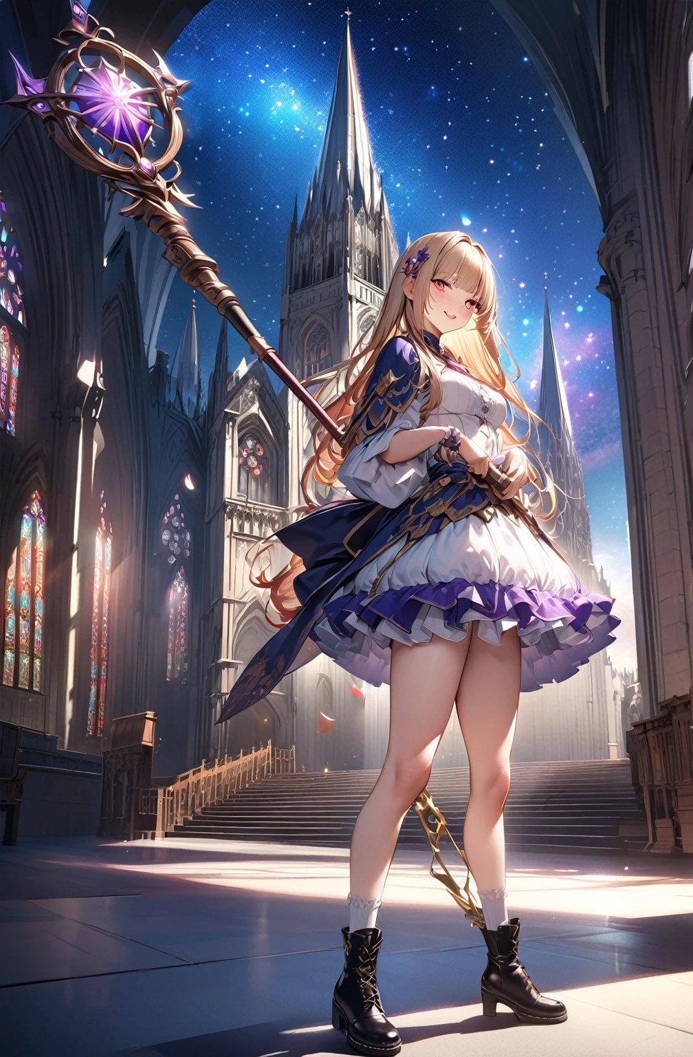 (Official art、Best Quality、Unity 8k Wallpapers、32K、​masterpiece、ultra-detailliert、超A high resolution、realisitic、Photorealsitic:1.2)、(Cinematic lighting:1.2)、Fireglow effect、film grains、Best Shadows、Rim lighting、side lights、sideshot、(Ultra-detailed and complex 3D rendering)、Detailed beautiful face and eyes、Sharp pupils、Realistic pupils、A slender、１Man Woman、Medium bust、(Full body:1.2)、 Highly detailed background、beauitful face、16-year-old beautiful girl、(super detailed skin、detailed skin textures:1.3)、(Half Blonde、Colorful hair:1.3)、Blunt bangs、white fantasy mage costume、white  shirt、Costumes with frills、frills skirt、knee high sox、(thighs thighs thighs thighs:0.8)、Black boots、(Fantastic and beautiful night sky、cathedral:1.4)、(carrying a magical staff:1.3)、(from side:1.3)、Fantastical、evil smile、I opened my mouth a little.