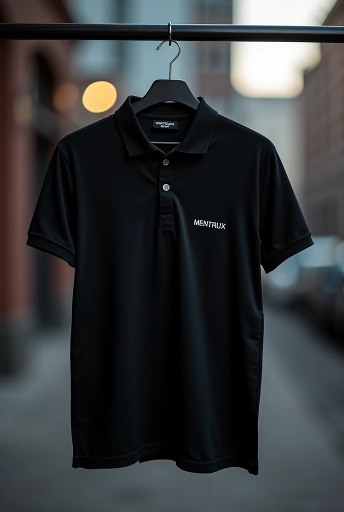 Generate an image of a black polo shirt with the MENTRUX brand on the chest 
