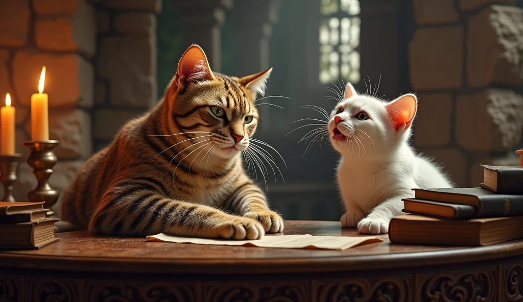 give me a cat daddy playing with his 2 children at a mystical temple table from the 1800s with old books nearby with his eyes slightly glowing 3 candles on the table in the distance