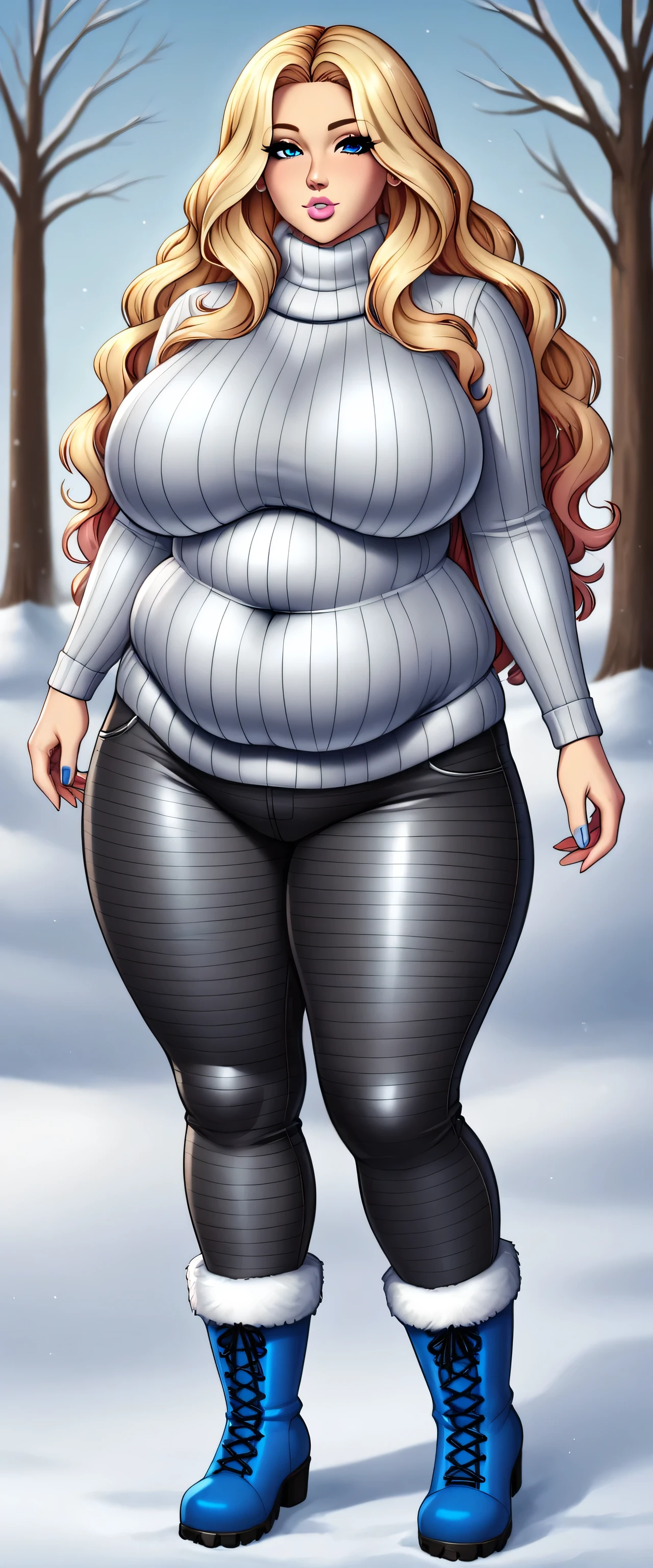 A beautiful sexy Russian girl with big breasts, beautiful long wavy straight blonde hair, blue eyes, and bright pink lips. She is wearing a gray fleece blouse, overweight, and black metallic pants, blue fleece socks, and snow boots.