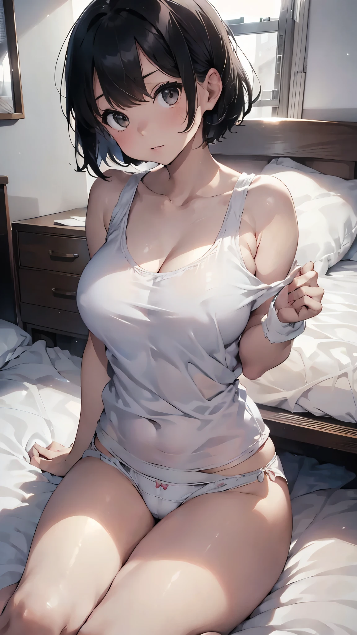 Black Hair Short Bob、No bra、Unnaturally large breasts、Big butt、Her breasts are visible、Wrinkled white large tank top、サイズの大きいsnow-white underwear、snow-white underwear、Wearing a red coat、Sitting with legs down on the bed at home