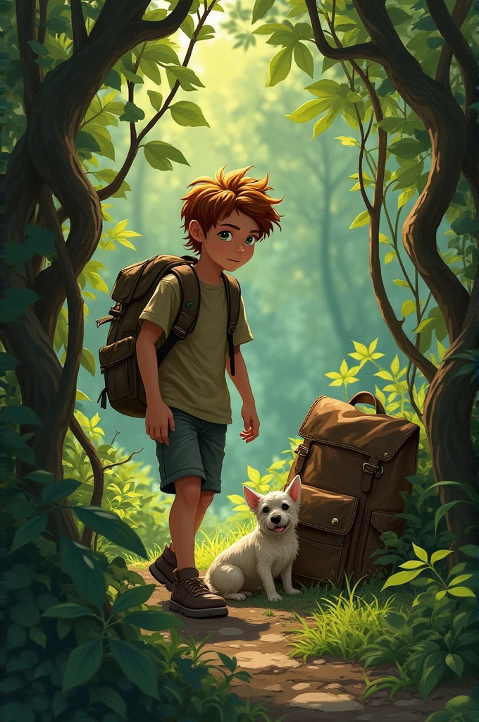 A 15-year-old boy arrives and finds a small dog trapped among some branches next to a forgotten backpack.