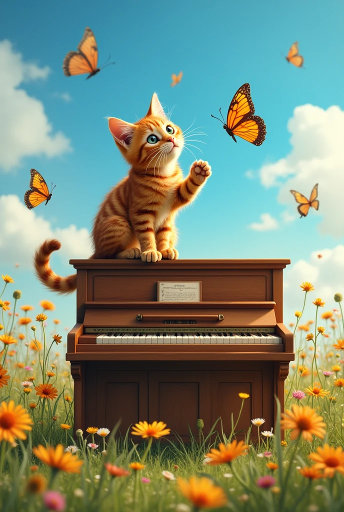 The cat sits playing the piano in the middle of the meadow