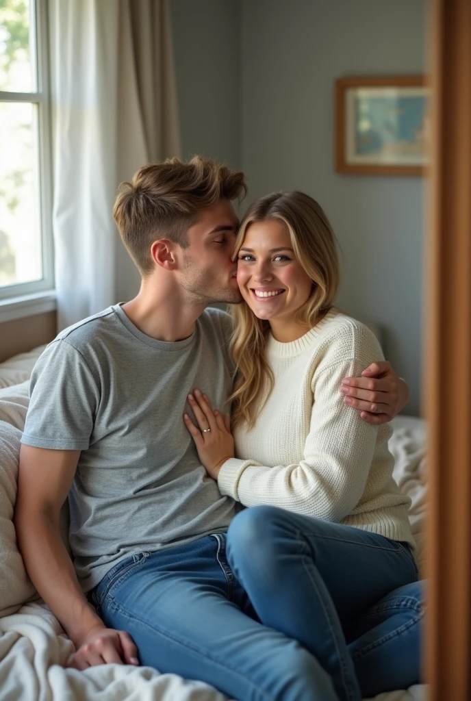 Realistic photo of a selfie in front of a mirror sitting in a bed of a blonde model, 19 years old. She is being kissed on the cheek by her boyfriend, who is holding her in his arms. The boy is wearing a gray T-shirt and navy blue jeans. The girl is wearing a white sweater and blue jeans.

