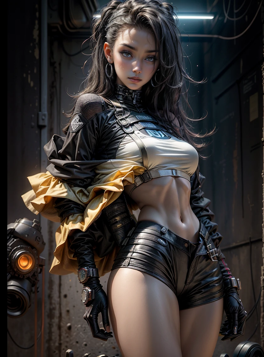 illusory engine:1.4, Ultra-realistic CG 64K, Photorealistic:1.4, Skin texture:1.4, Masterpiece:1.4, Beautiful shradha kapoor, 25 years old, (perfect proportions body:1.4), not wide hips, natural breast, blonde heir, cute beautiful face, Juicy lips, Cyberpunk-style yellow shorts, Erotic pose, dynamic scene , (simple dark background:1.5)