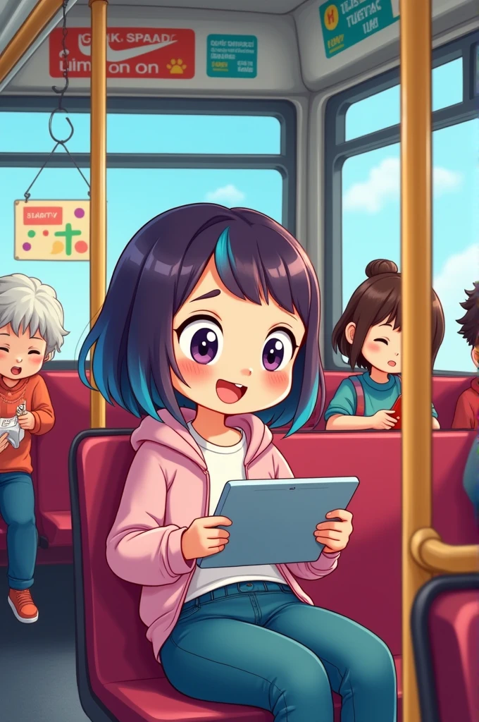 A chibi cartoon of a teenager reading on a tablet on the bus