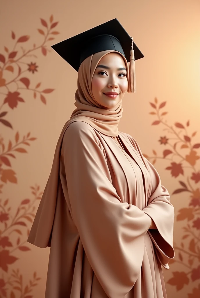 Consept art photography, fan art photography, a women, wearing hijab, wearing black graduation hat, Wearing pastel brown graduation gown, pastel brown theme background, Standing pose, leaf effect background,pastel brown lighting effect,bright results, perfect pose.