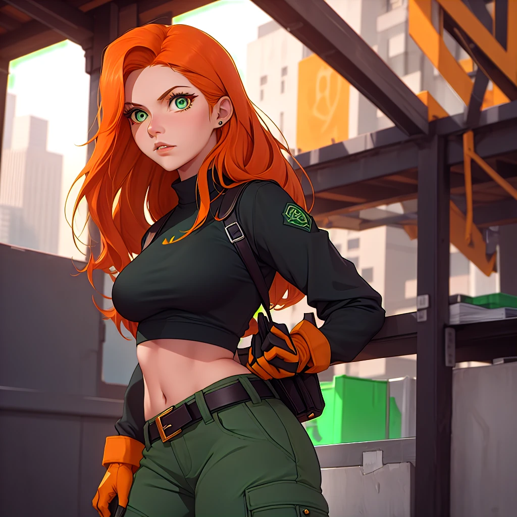 Best_QualityPos, RAW photo, intricate details, best quality, 8k uhd, soft lighting, 4lex4ndr4 cosplaying as Kim Possible, 1girl, solo, green eyes, orange hair, long hair, black gloves, black shirt, crop top, midriff, long sleeves, belt, belt pouch, green cargo pants 