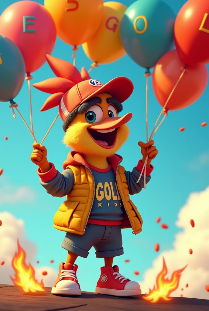 a cartoon character pica pau wearing designer brand clothes, the brand name DGOLD KIDS is written on the clothes, pica pau is holding balloons with the word DGOLD written on them, the letters on the balloons are on fire, the balloons are colorful and each balloon has a letter in order spelling out DGOLD, the text DGOLD KIDS is written in the brand name on the clothes e apenas um balão com cada letra do nome