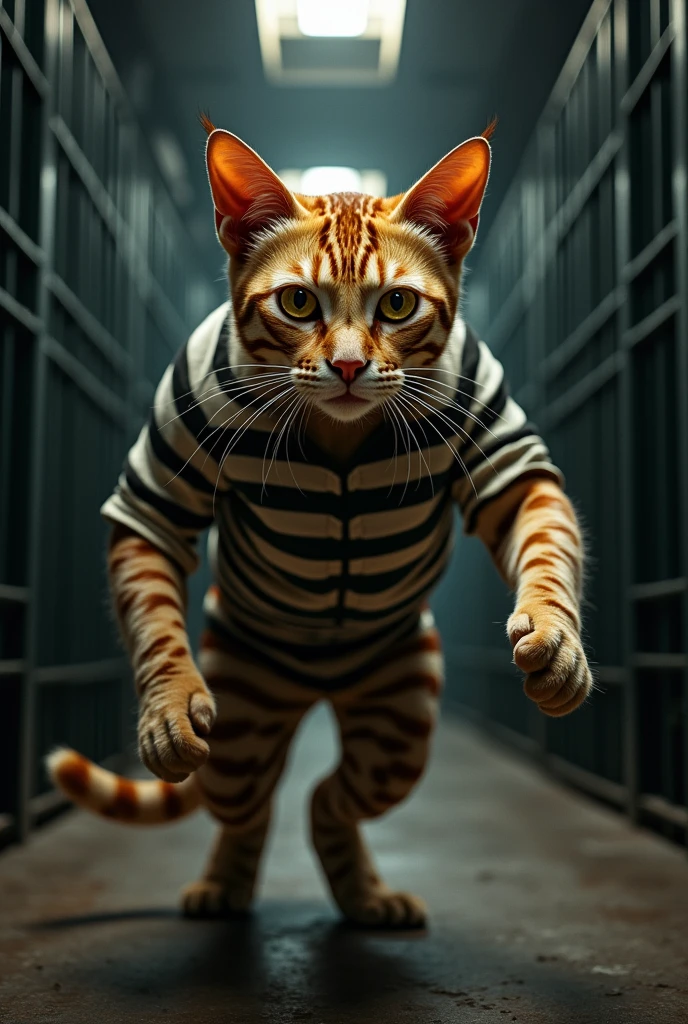 Red spotted prison cat with huge muscles like wrestlers wearing prison clothes realistically