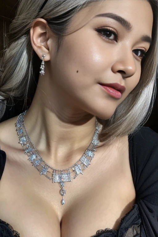 High quality, rich in detail, twin-tailed silver-haired girl posing cutely. They wear vintage Gothic gothic clothes, wearing bracelets, earrings and necklaces. Big are also visible. The photo is a close-up of the face, with cleavage, shiny big breasts, sweat in the cleavage, and a sexy vibe.