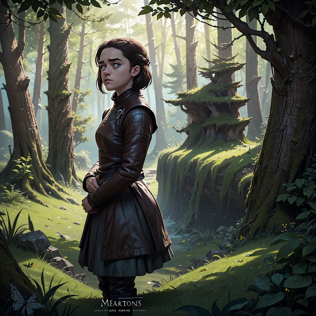 cinematic poster, Centered art, high angle view, 1 girl, ((Alone)), (((Alone un personaje))),  Arya Stark stand, forest, Game of Thrones, Adobe Illustration, trend in artstation, 8k, HdR , puntil maestra, hermoso until, intricate details. high angle, view