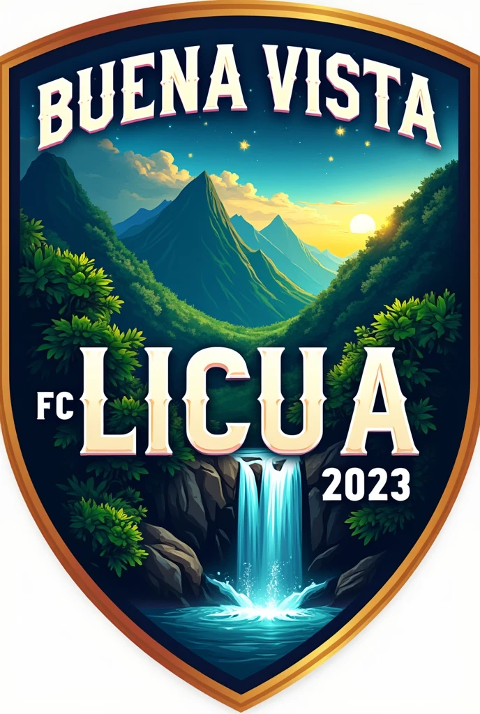 Escudo de fútbol ⚽ con montañas cascada y el nombre de BUENA VISTA LICUA FC 2023