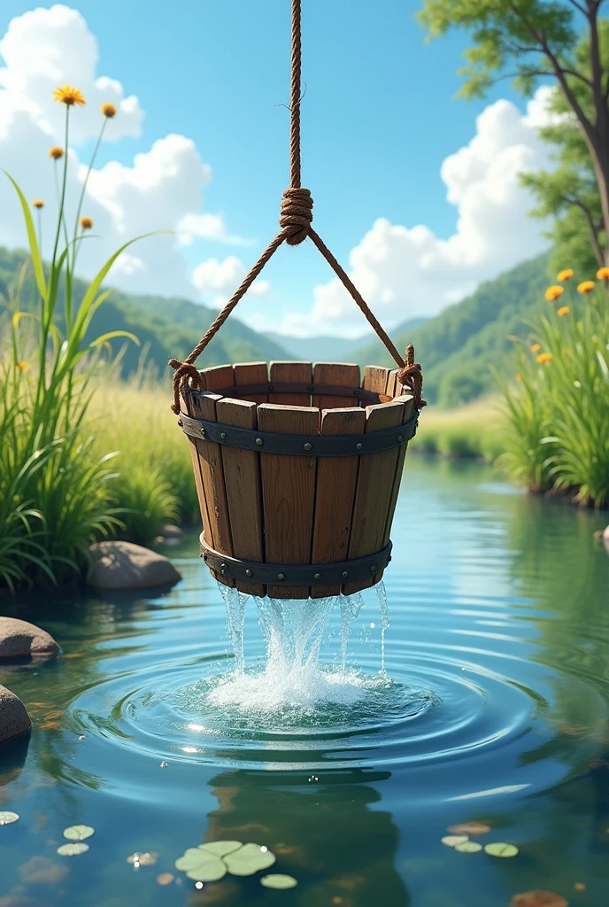 Water bucket collecting water from a river
