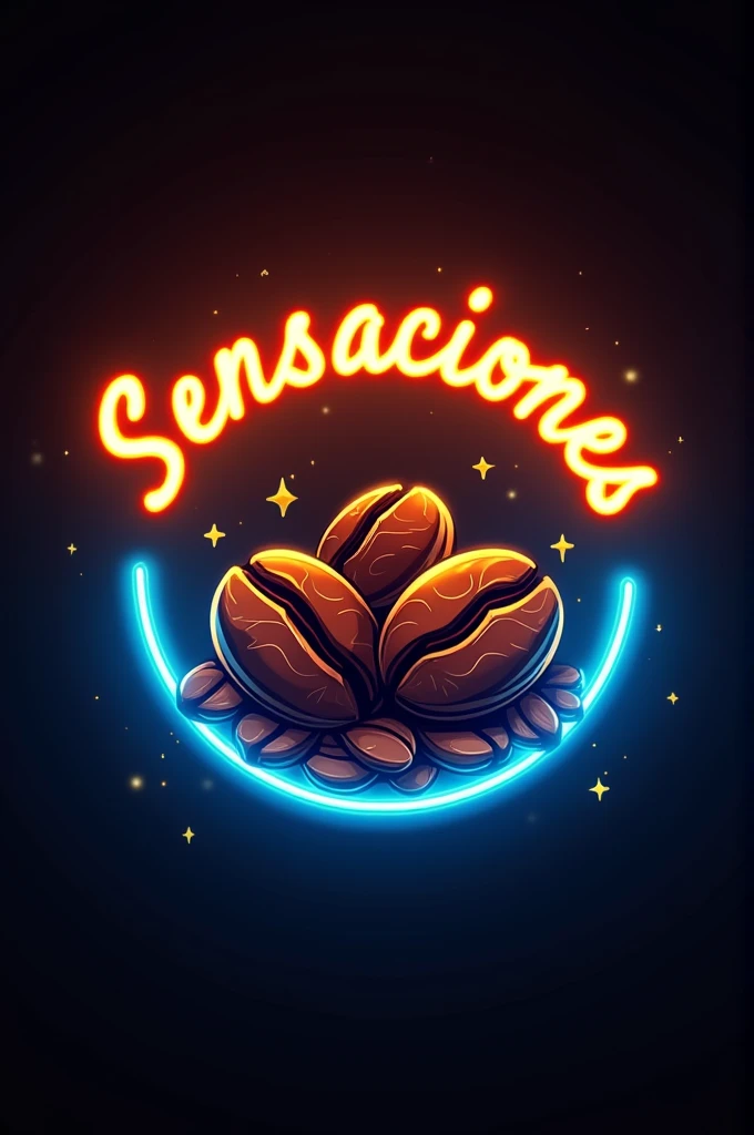 Logo for a coffee shop named Sensaciones with an image of coffee beans with neon lights