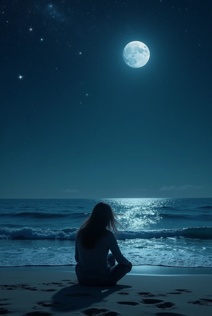Imagine a night scenario, perhaps a starry sky or a seascape with gentle waves. There is a sense of loneliness and reflection, with the moon shining softly over the environment. In the foreground, a person sits alone, Perhaps on a stone or in the sand, gazing at the horizon. The atmosphere is calm and melancholic, reflecting the theme of lost love and the desire to relive past moments. The music evokes a feeling of longing and introspection, and this image seeks to capture these emotions.
