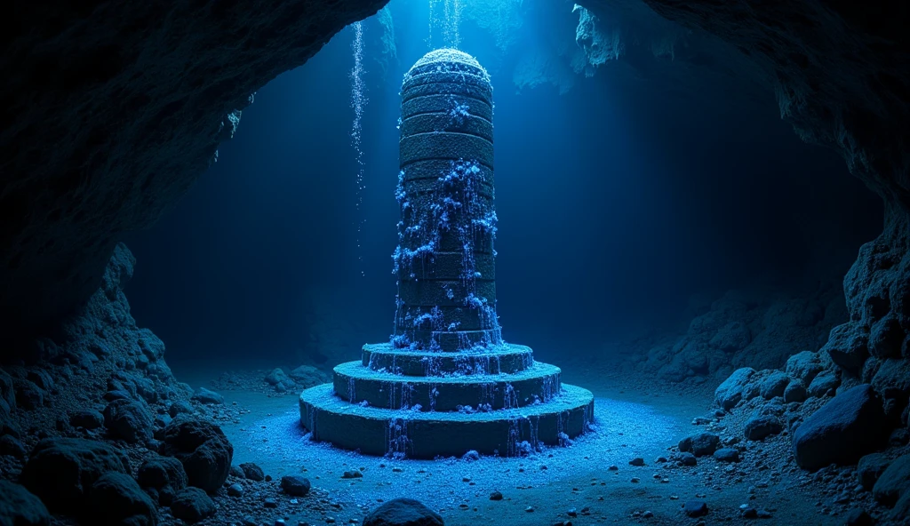 Blue fluorescent organisms stuck to a ancient pillar. Everything is dark. Only illuminated by these organisms