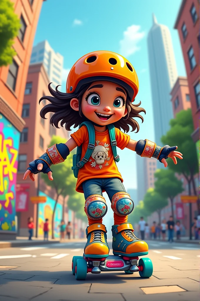Unrealistic child riding urban skates with safety gear. 