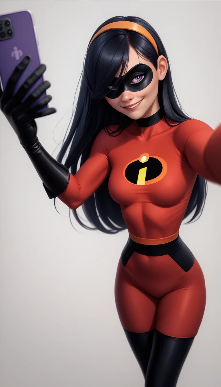 score_9, score_8_up,
violetparr, black hair, long hair, lateral bangs, purple eyes, (hair cover eye:1.1), mask, hairband, red bodysuit, gloves, thighhighs,
selfie,s olo focus, half closed eyes, smirking, closeup portrait, uppler body,
white background,