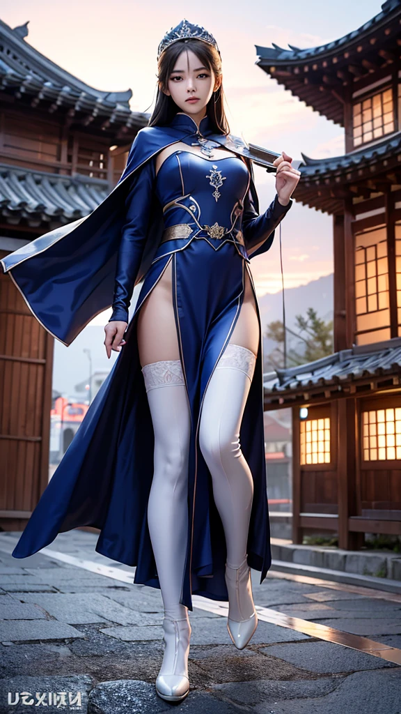 South korea assassin women mystery hooded on with modern royal Blue coat with long and wide sleeves with buttons and royal Blue cape and very high white heel over the knee and white gloves, As she reveals a small secret hidden blade coming from his palm , adding to the character's mysterious and agile appearance, with small movements of air on the cape, jump from roof to roof, in summer at night under the rain,medieval south korea house. sophisticated and highly detailed, ultra hd, realistic, hyper detailed, enhanced colours, ultra sharp focus, with vibrant, rich in details High quality, gorgeous, captivating, 8k, super detailed, stunning shadows, detailed lines, blood stain on coat and gloves, corpses in the street recently murdered