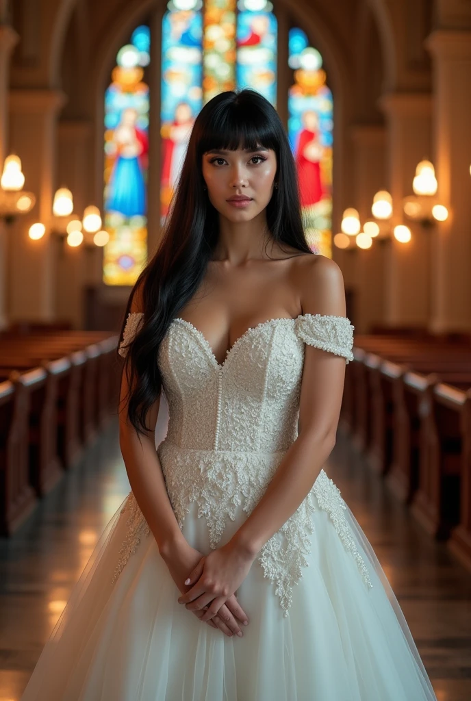 (masterpiece:1.3), (best quality:1.2), very aesthetic, (ultra high resolution:1.2), (extremely details:1.2), (intricate detailed:1.3), realistic, ray tracing, volumetric lighting, ambient occlusion, beautiful artwork, 3DCG, depth of field, 1girl, (holding bouquet:1.1), milf, solo, detailed beautiful face, detailed beautiful black eyes, black hair, straight long hair, blunt bangs, detailed beautiful oily skin, plump, (gigantic breasts:1.4), (sagging breasts:1.2), ruanyi0261, off-shoulder dress, pearl \(gemstone\), tiara, veil, silk, wedding dress, indoors, chapel, stained glass, torch, bridal ceremony,