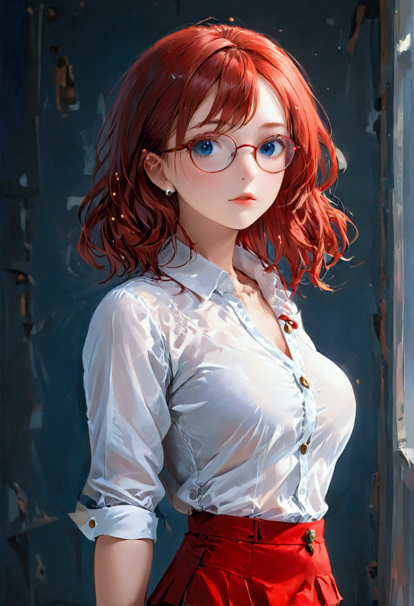 young woman 18 years old,  college,  red mini skirt,  white mini blouse with button neckline,  short red hair, blue colored eyes,  medium sized breasts,  accentuated hip, thick thighs, white pantyhose,  glasses 