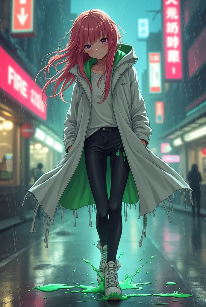 A anime Girl in a White raincoat slightly worn out on the bottom and splashed with a green liquid also wearing black pants with white boots but splashed alot with green liquid
