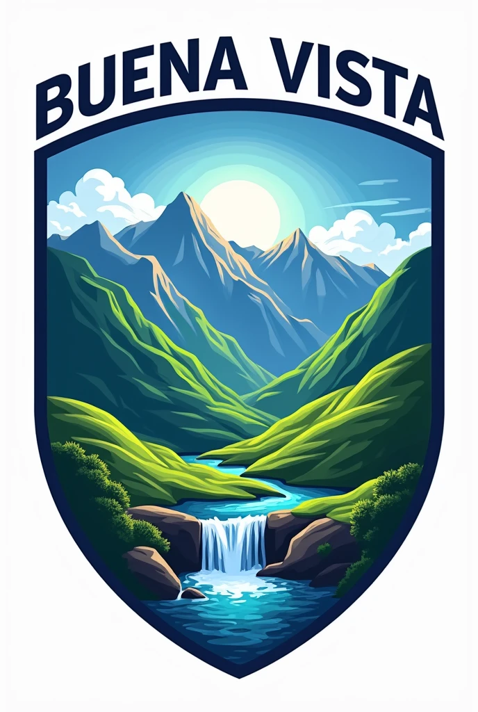 Escudo de fútbol ⚽ con montañas cascada y el nombre de BUENA VISTA LICUA FC 2023