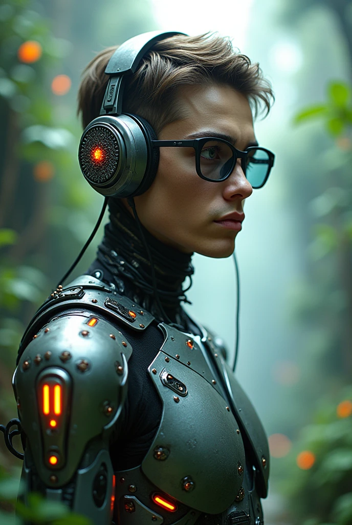 Create an image similar to this (add image). A highly detailed 20-year-old male cyborg, with a focus from the shoulders up, looking slightly towards the camera. The cyborg should have a futuristic and sleek appearance, featuring polished metal, intricate mechanical details, and neon glowing cybernetic implants. Include cyberpunk technology elements, such as cyberpunk-style glasses and headphones. His eyes should be glowing and enigmatic, with an expression suggesting contemplation or curiosity. The background should be ethereal and natural, blending elements of nature (such as trees, plants, and a subtle mist) with hints of a futuristic environment. The transition between the cyborg's technology and the natural elements should be smooth and harmonious, creating a striking visual contrast