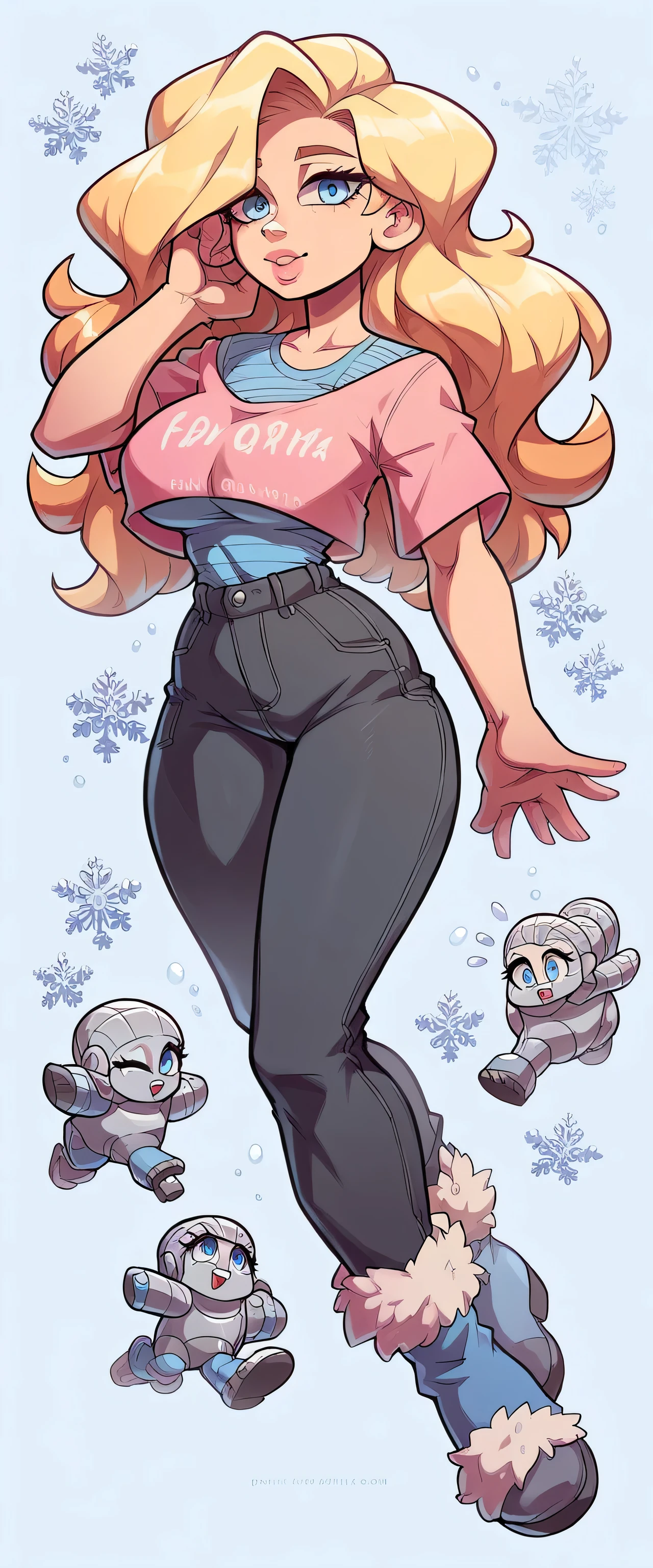 A beautiful, sexy Russian girl with large breasts, stunning long wavy blonde hair, blue eyes, and bright pink lips. She's wearing a gray fleece blouse, a metallic black pants, blue fleece socks, and snow boots. She's showing off her sexy backside.
