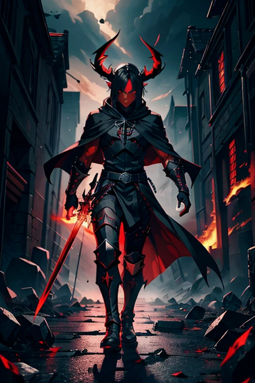 A demonic being,with a black cloak horns ,red eyes black armor with red lines,a black sword, red energy coming out of him,a background of stone and destruction