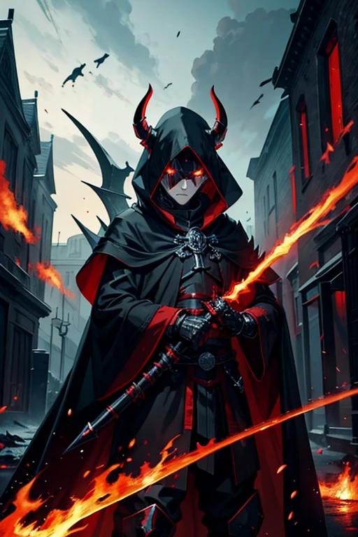 A demonic being,with a black cloak horns ,red eyes black armor with red lines,a black sword, red energy coming out of him,a background of stone and destruction