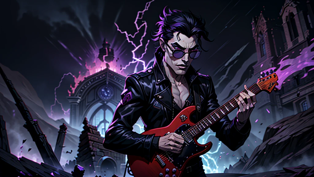 Create a surreal and haunting high fantasy image of a male vampire using dark glasses in a rockstar jacket, "Kaelin Darkshadow", playing a flaming guitar while battling a horde of demonic creatures in a mystical, neon-lit arena. called 'Lunar Fang', is a legendary musician who sold his soul to the devil for unparalleled musical prowess. His music has the power to summon spirits and his guitar solos can shatter the very fabric of reality.  background castle in fire purple