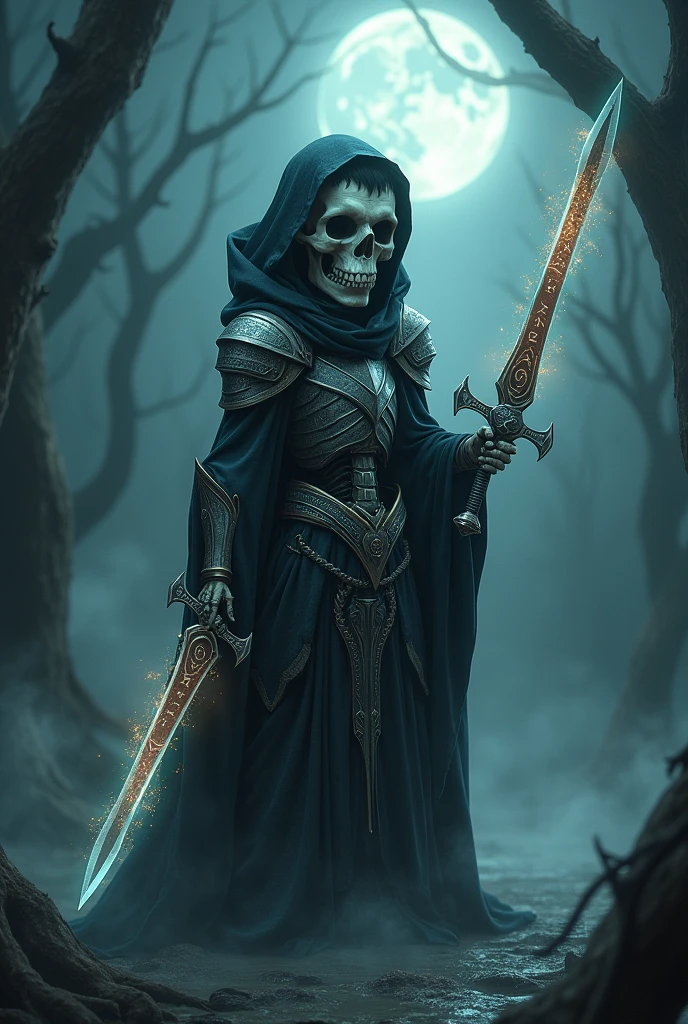 A short black-haired and bearded skeletal wizard wearing light armor with two swords and an eyepatch 