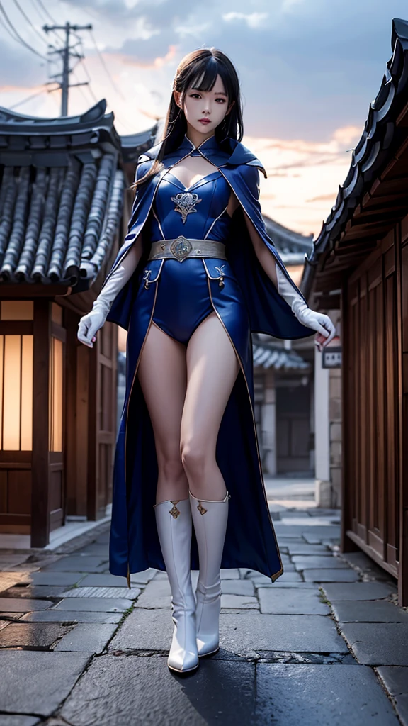 South korea assassin women mystery hooded on with modern royal Blue coat with long and wide sleeves with buttons and royal Blue cape and very high white heel over the knee and white gloves, As she reveals a small secret hidden blade coming from his palm , adding to the character's mysterious and agile appearance, with small movements of air on the cape, jump from roof to roof, in summer at night under the rain,medieval south korea house. sophisticated and highly detailed, ultra hd, realistic, hyper detailed, enhanced colours, ultra sharp focus, with vibrant, rich in details High quality, gorgeous, captivating, 8k, super detailed, stunning shadows, detailed lines, blood stain on coat and gloves, corpses in the street recently murdered