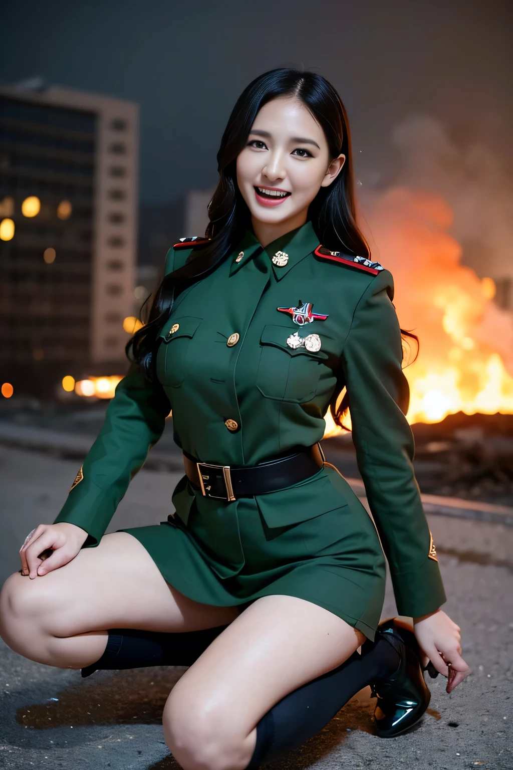 Masterpiece, top quality, ruined city and fire in the background, sexy girl in uniform kneeling on the ground, green Nazi SS Militari, 4K manga wallpaper, BLEACH, Exterminator, Shalltear Bloodfallen, 8K, gapmoe yandere, yandere, albedo from Overlord, creepy grin, crazy laugh, angled laughter at the corners of the mouth, black hair long hair, green miniskirt, green long-sleeved military uniform