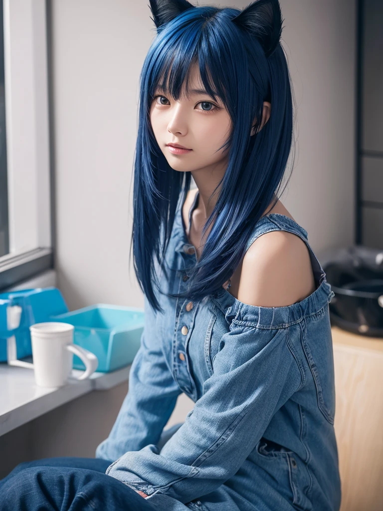 Masterpiece, best quality, ai-generated, cat ear,1 girl, Blue shaggy cut hair,cowboy shot,