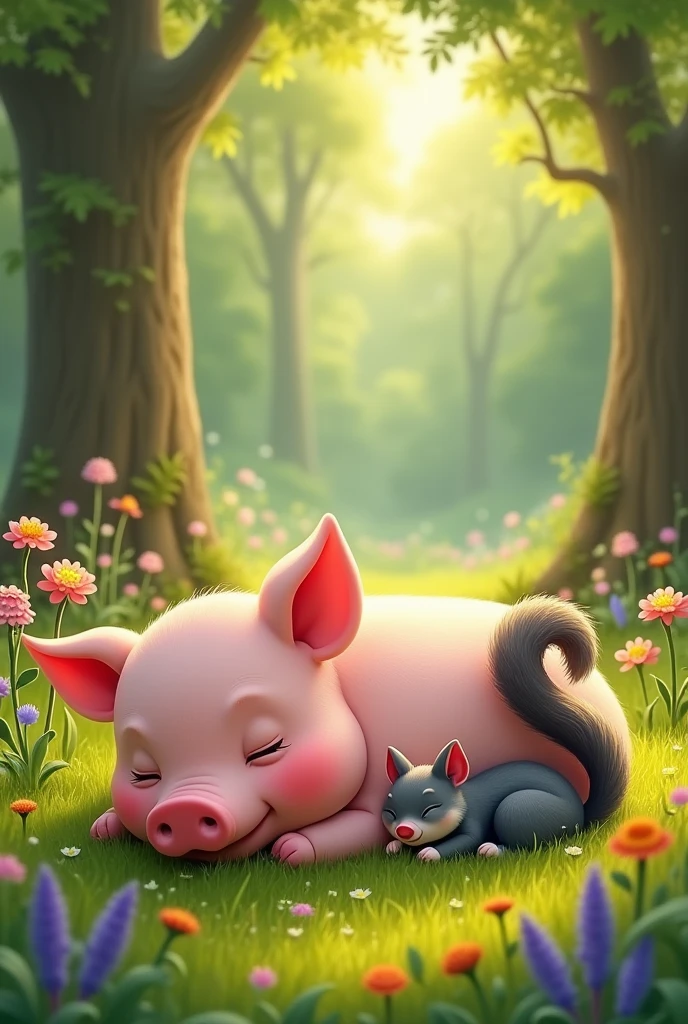 A pig sleeping with a squirrel 