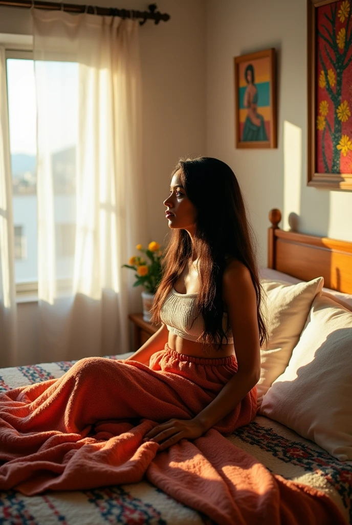 A Brazilian woman sitting on her bed, new, with open legs