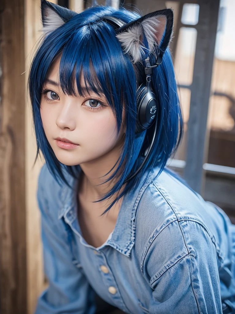 Masterpiece, best quality, ai-generated, cat ear,1 girl, Blue shaggy cut hair,cowboy shot,