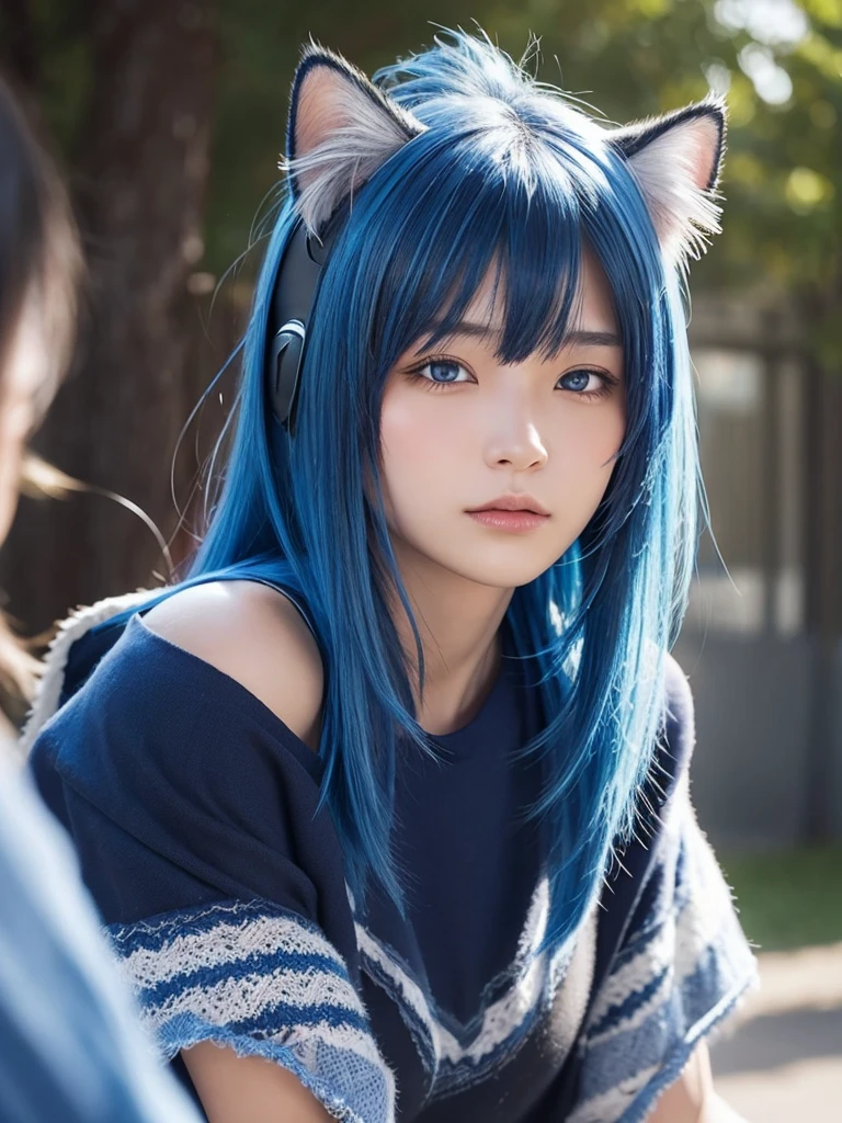 Masterpiece, best quality, ai-generated, cat ear,1 girl, Blue shaggy cut hair,cowboy shot,
