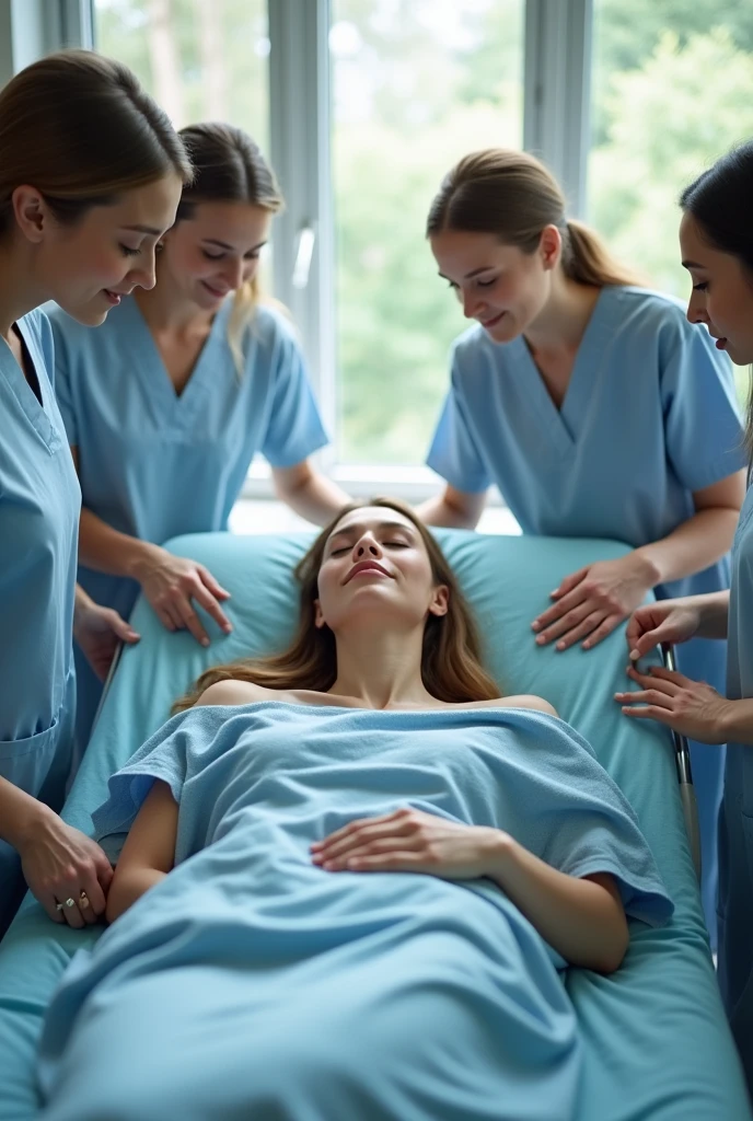 A woman dressed with her eyes closed and a small towel covering them, peacefully lying down covered up to her neck with a blue sheet on a stretcher, with 4 people with their hands turned downwards towards the woman lying down.