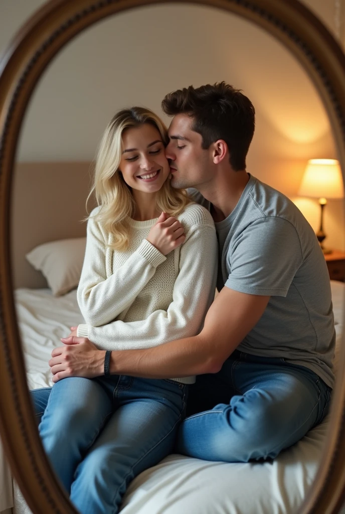 Realistic photo of a selfie in front of a mirror sitting in a bed of a blonde model, 19 years old. She is being kissed on the mouth by her boyfriend, who is holding her in his arms. The boy is wearing a gray T-shirt and navy blue jeans. The girl is wearing a white sweater and blue jeans.