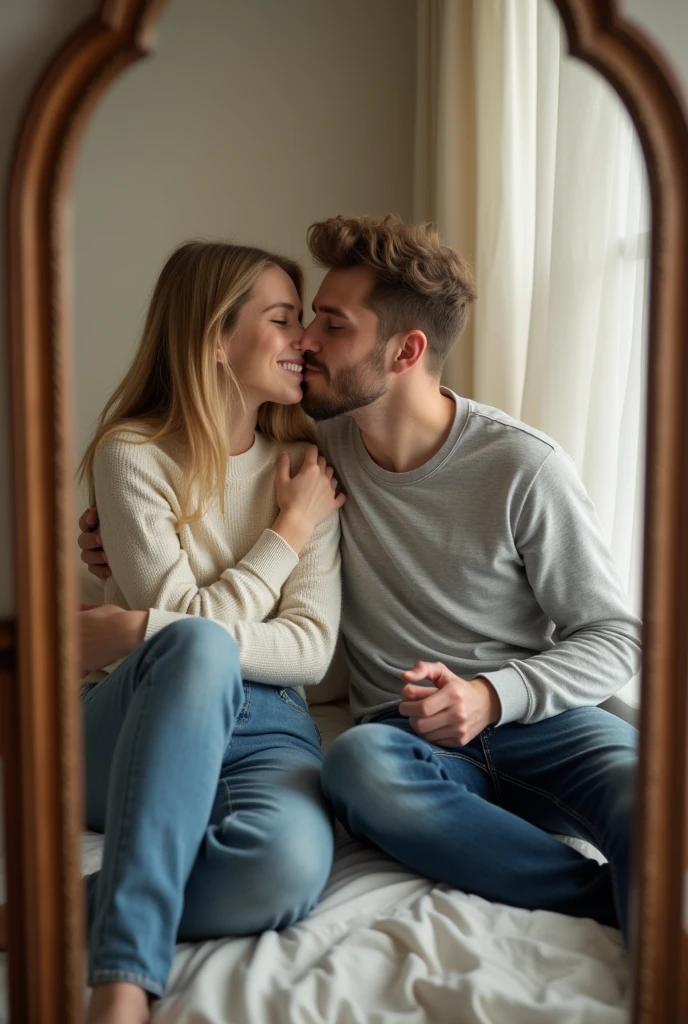 Realistic photo of a selfie in front of a mirror sitting in a bed of a blonde model, 19 years old. She is being kissed on the mouth by her boyfriend, who is holding her in his arms. The boy is wearing a gray T-shirt and navy blue jeans. The girl is wearing a white sweater and blue jeans.
