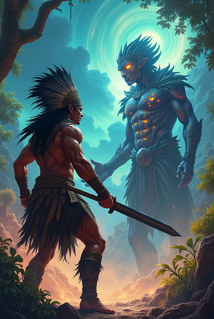 Aztec warrior fighting an Arcturian
